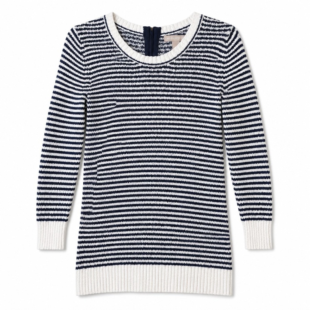 Banana Republic Sweater Womens Small Blue White Striped Boucle Rear Zip Pullover